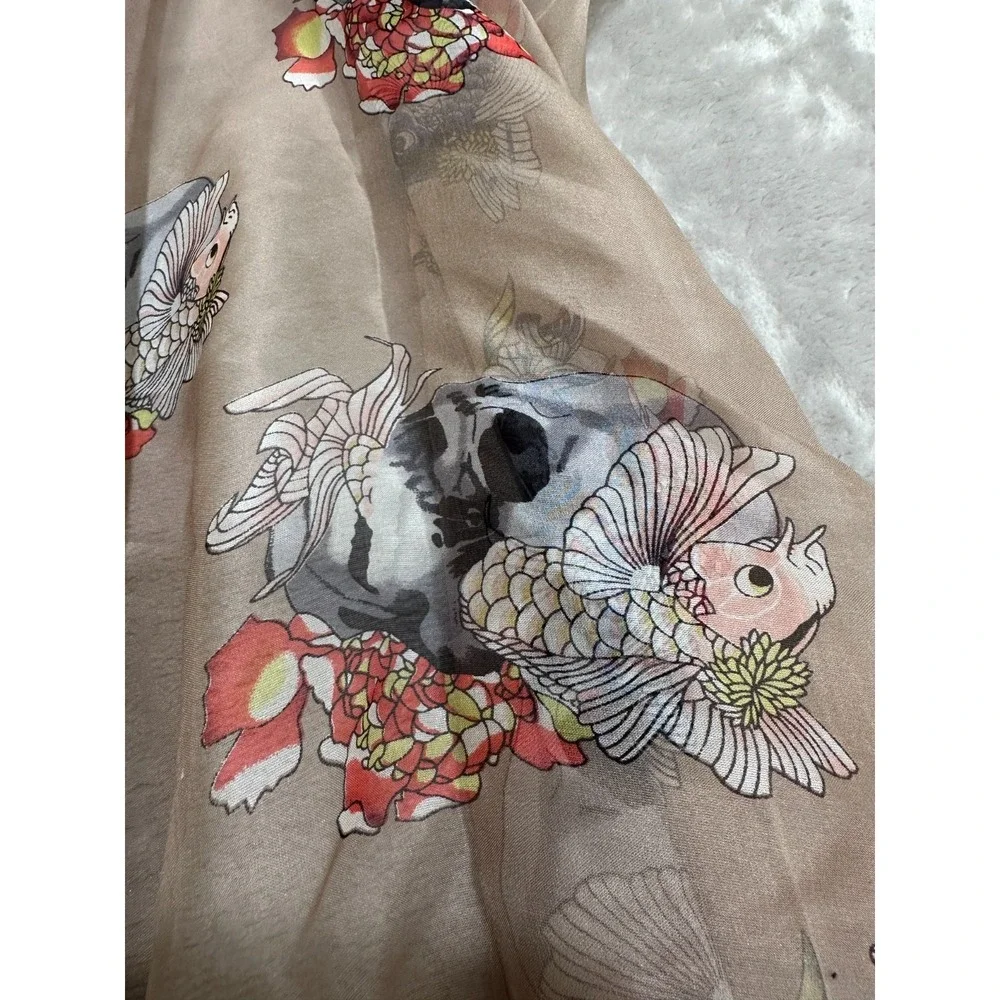 100% Silk Scarf Skull & Koi Fish Print Sheer 2' x 8' Brand New With Tags A. Zooe